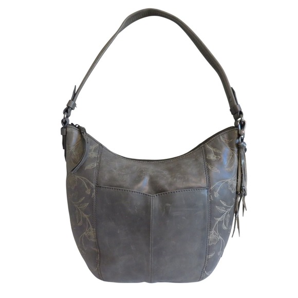 The Sak Gray Leather Handbag Floral Embossed Hobo Shoulder Bag - Picture 9 of 9